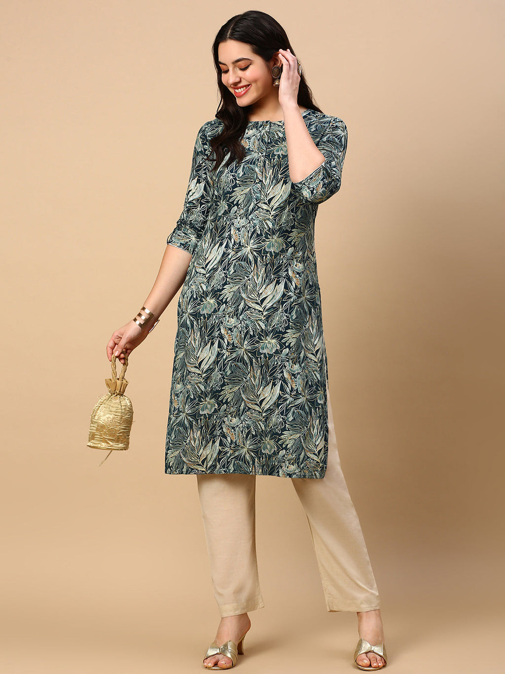 Women's Green Floral Straight Kurta