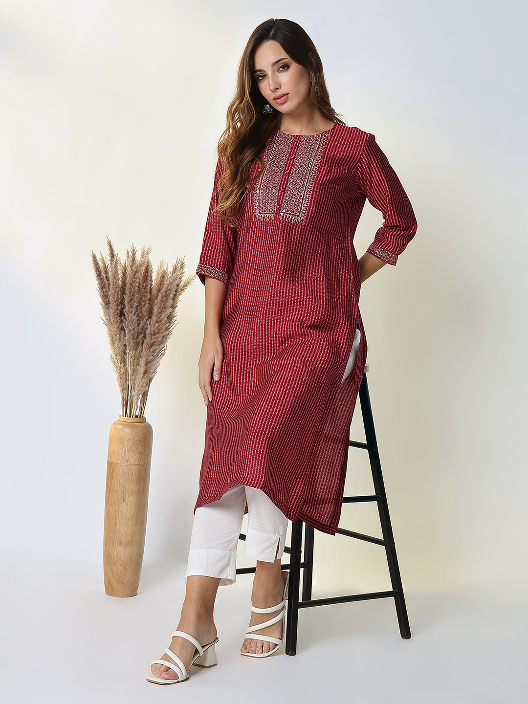 Women's Red Bandhani Straight Kurta