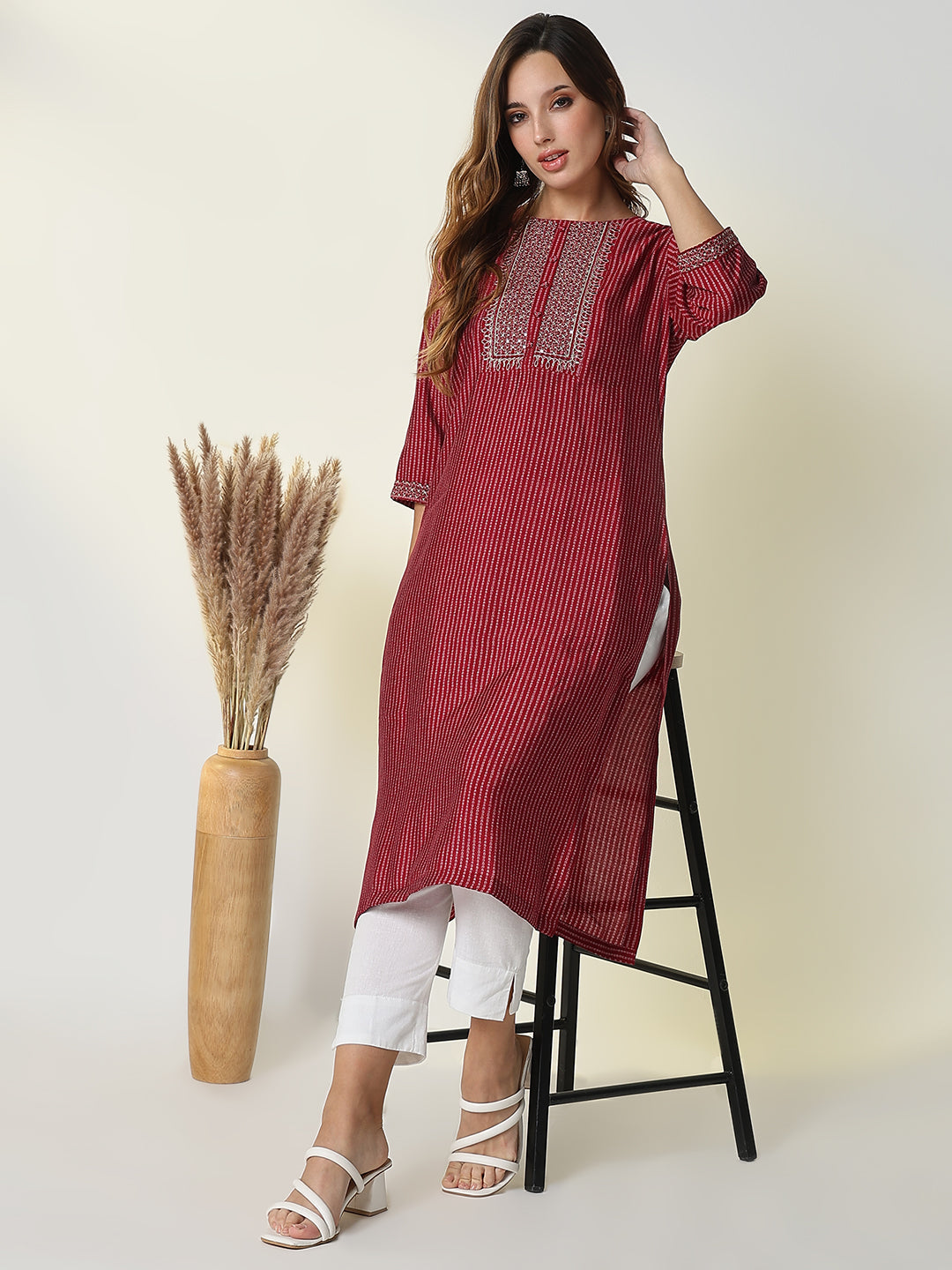 Women's Red Bandhani Straight Kurta