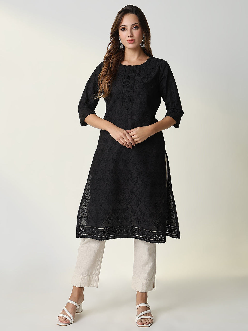 Women's Black Embroidered Straight Kurta