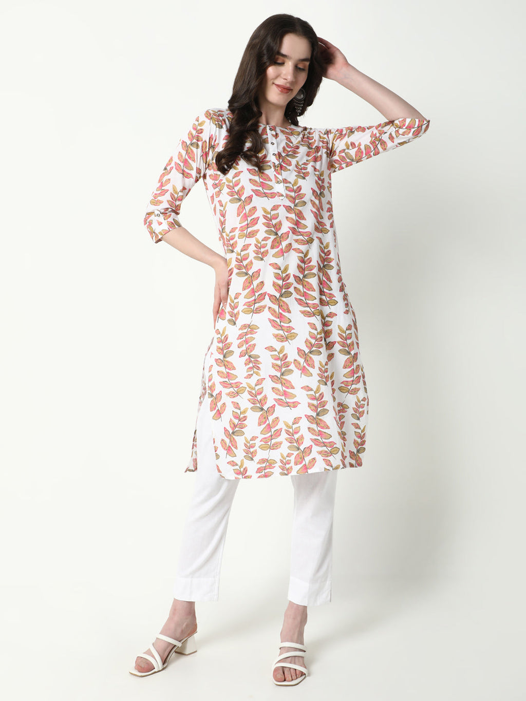 Women's Peach Floral Straight Kurta