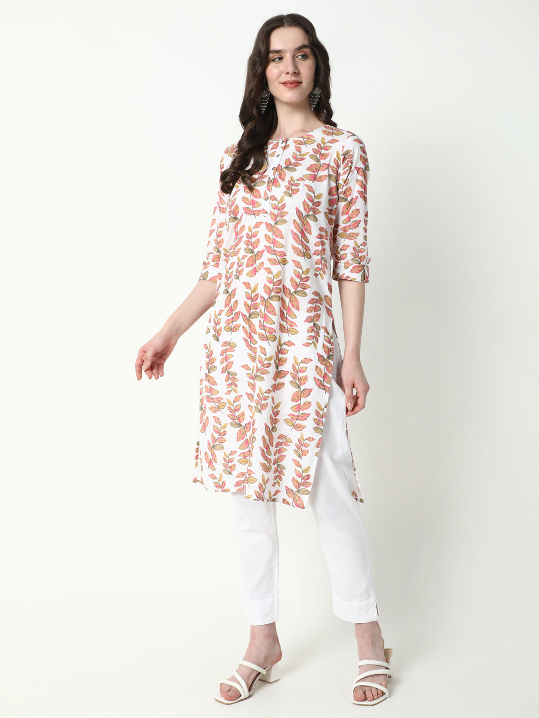 Women's Peach Floral Straight Kurta