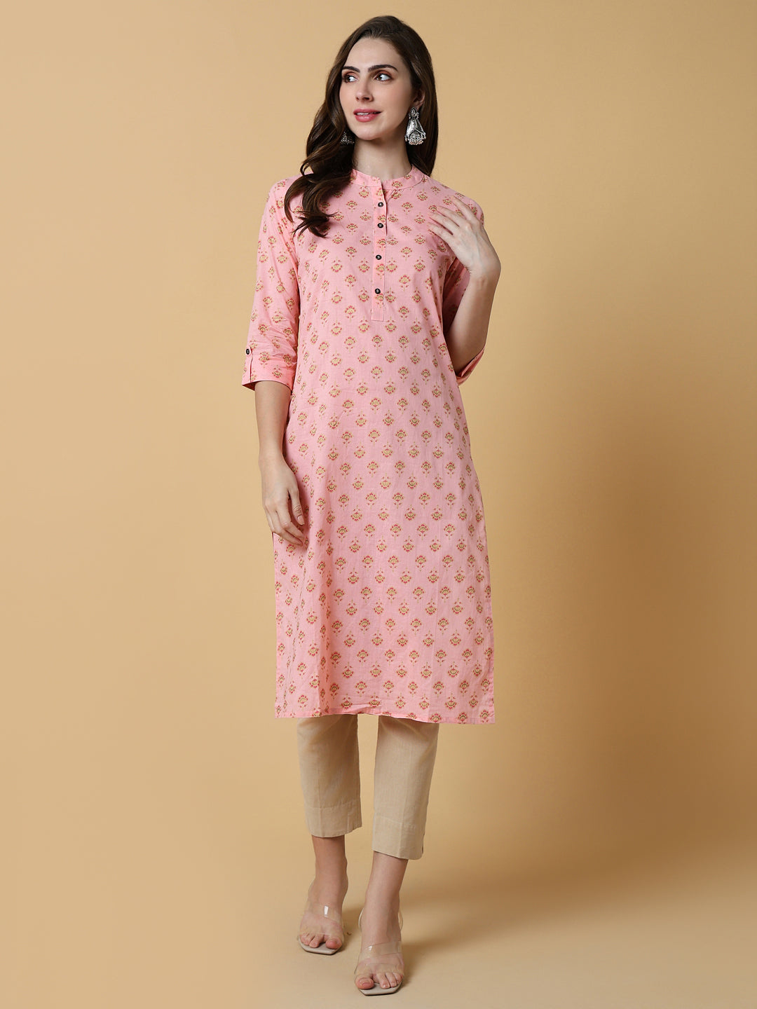 Women's Pink Floral Straight Kurta