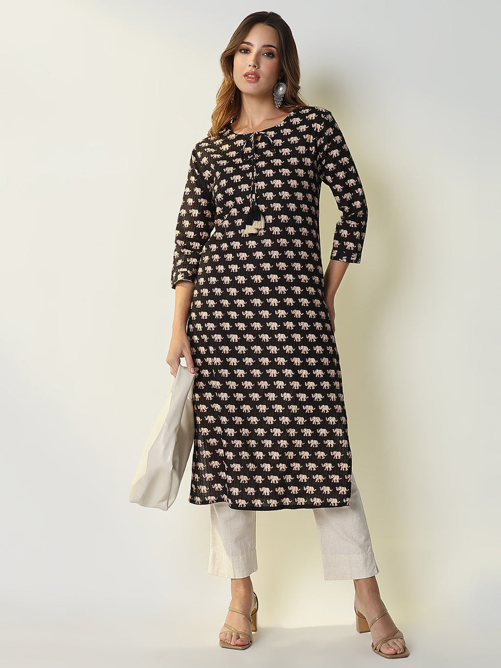 Women's Black Animal Print Straight Kurta