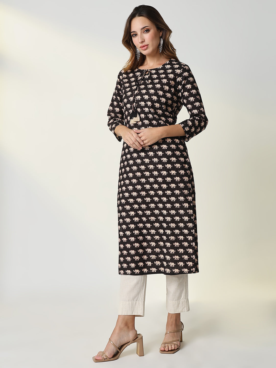 Women's Black Animal Print Straight Kurta