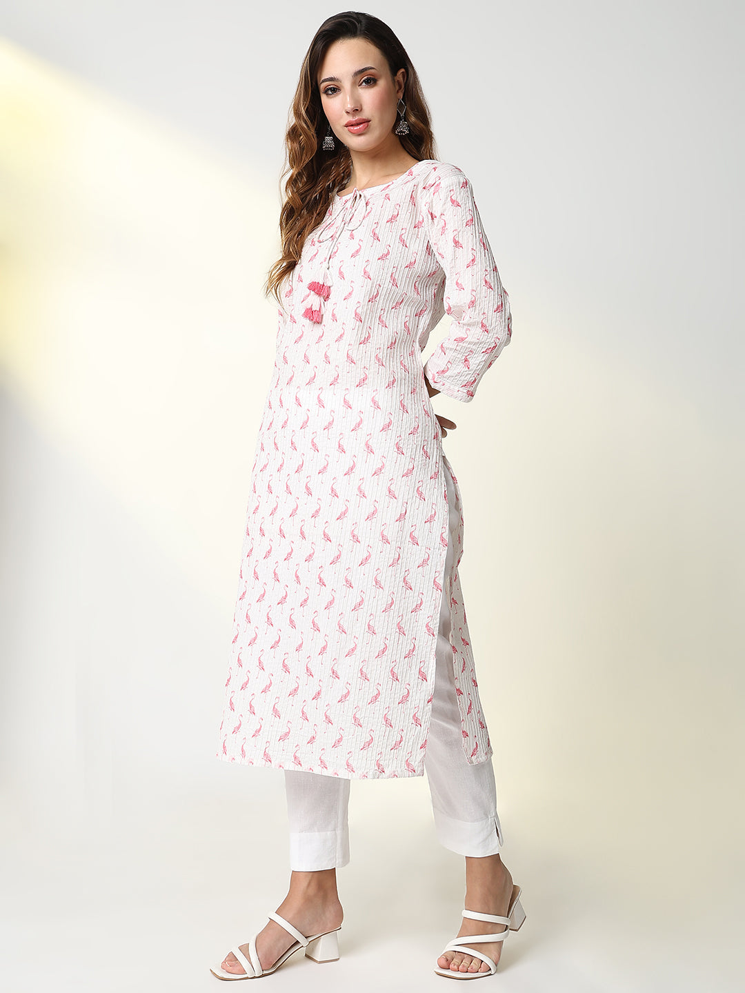 Women's White Animal Print Straight Kurta