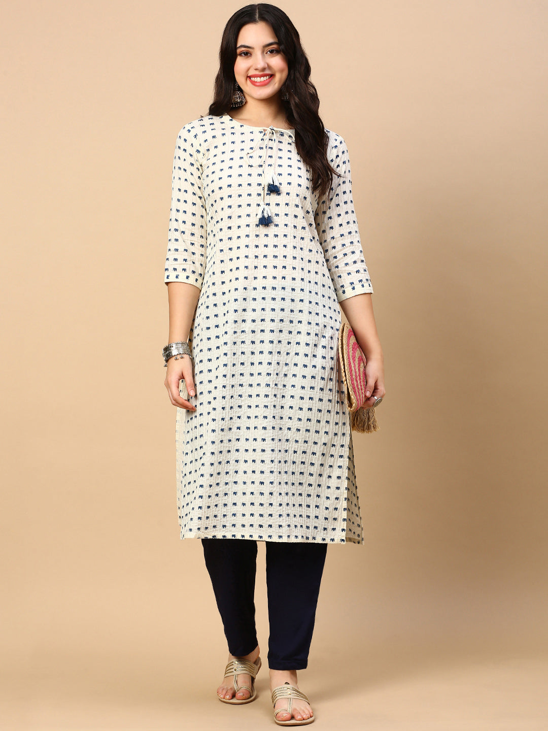 Women's Cream Graphic Straight Kurta