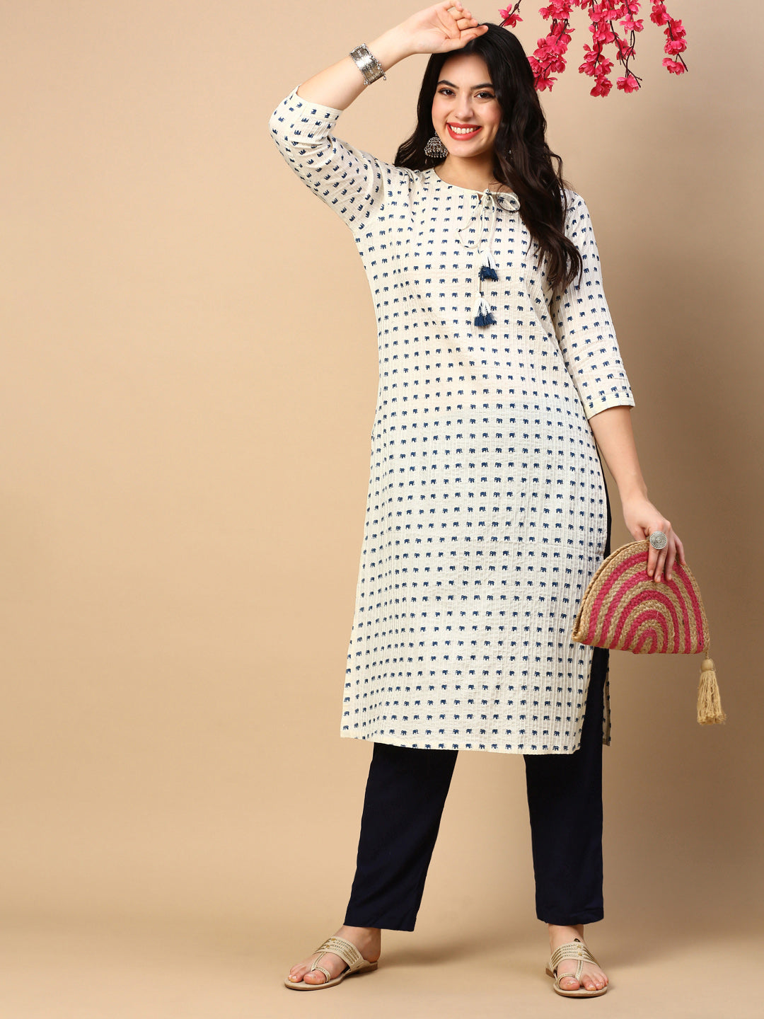 Women's Cream Graphic Straight Kurta