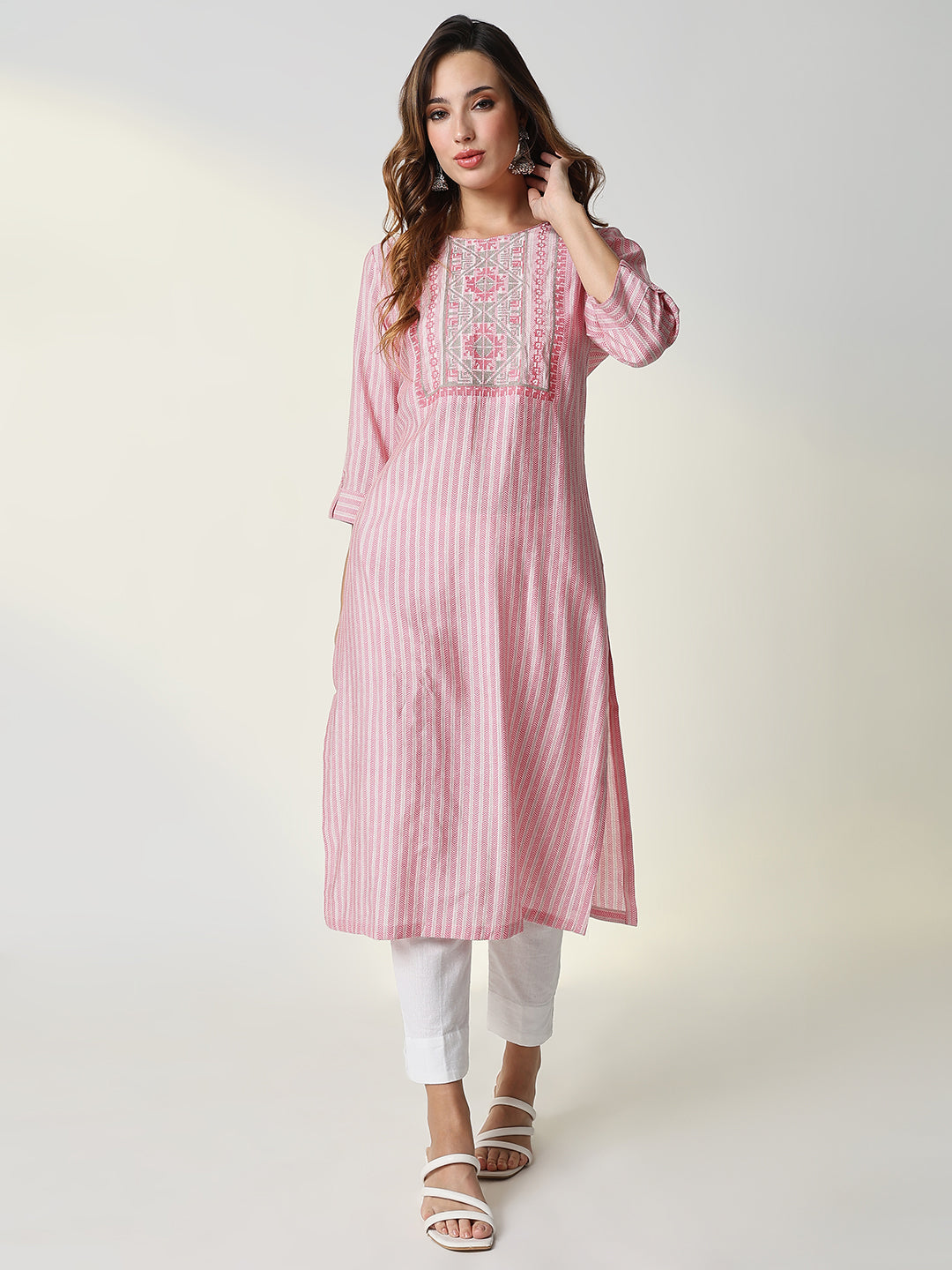 Women's Pink Chevron Straight Kurta