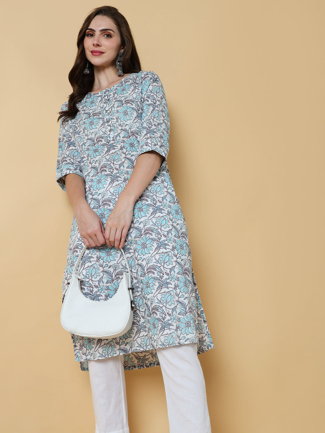 Women's Blue Floral Straight Kurta