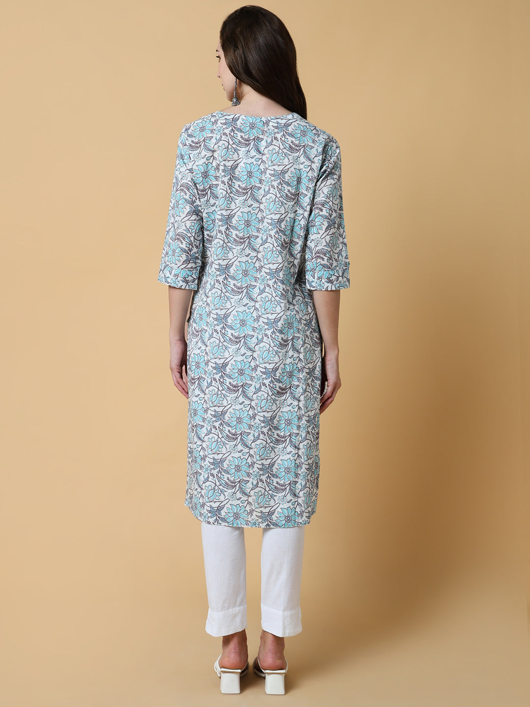Women's Blue Floral Straight Kurta