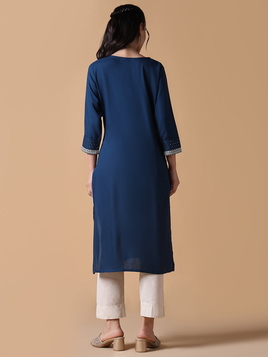 Women's Blue Solid Cotton Silk Straight Kurta