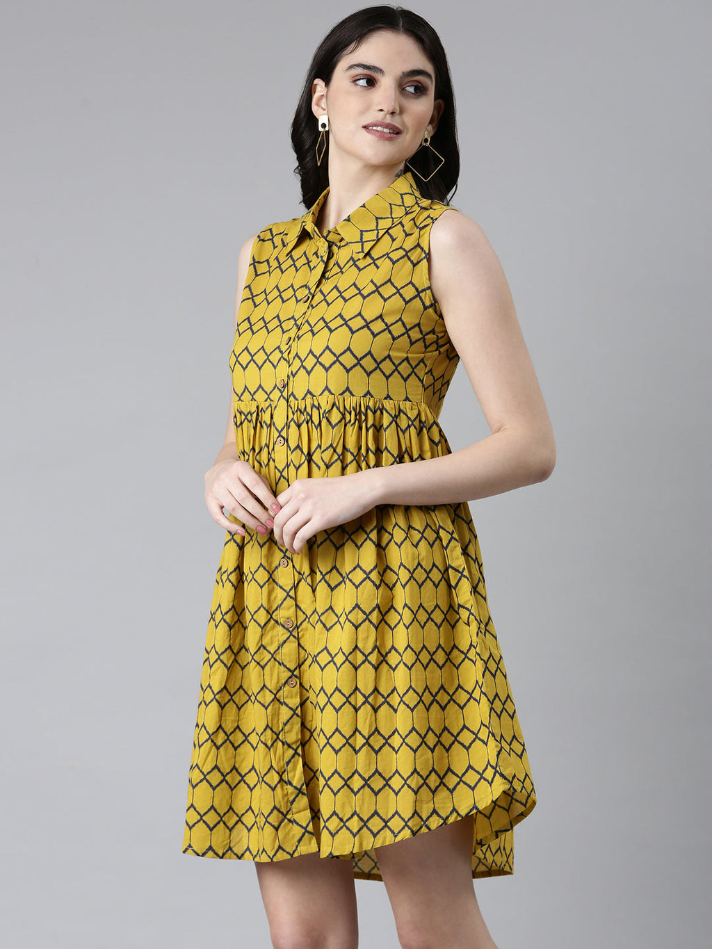Women's Mustard Geometric Printed Shirt Collar Sleeveless Cotton Shirt Style Dress