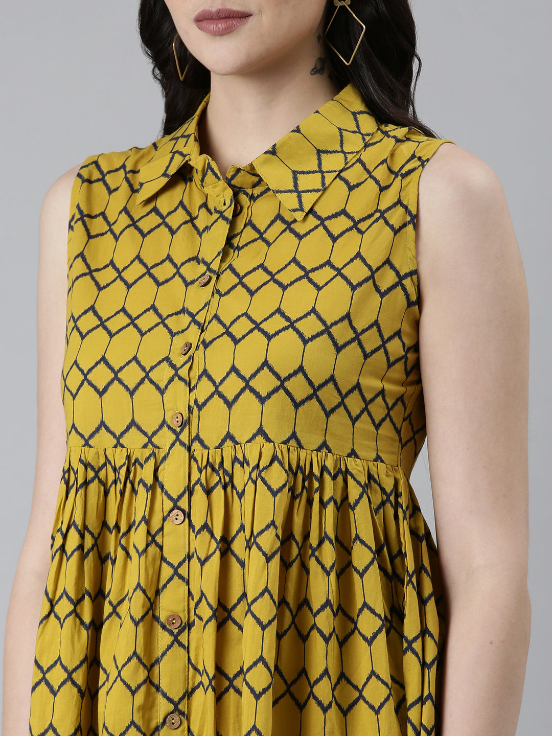 Women's Mustard Geometric Printed Shirt Collar Sleeveless Cotton Shirt Style Dress