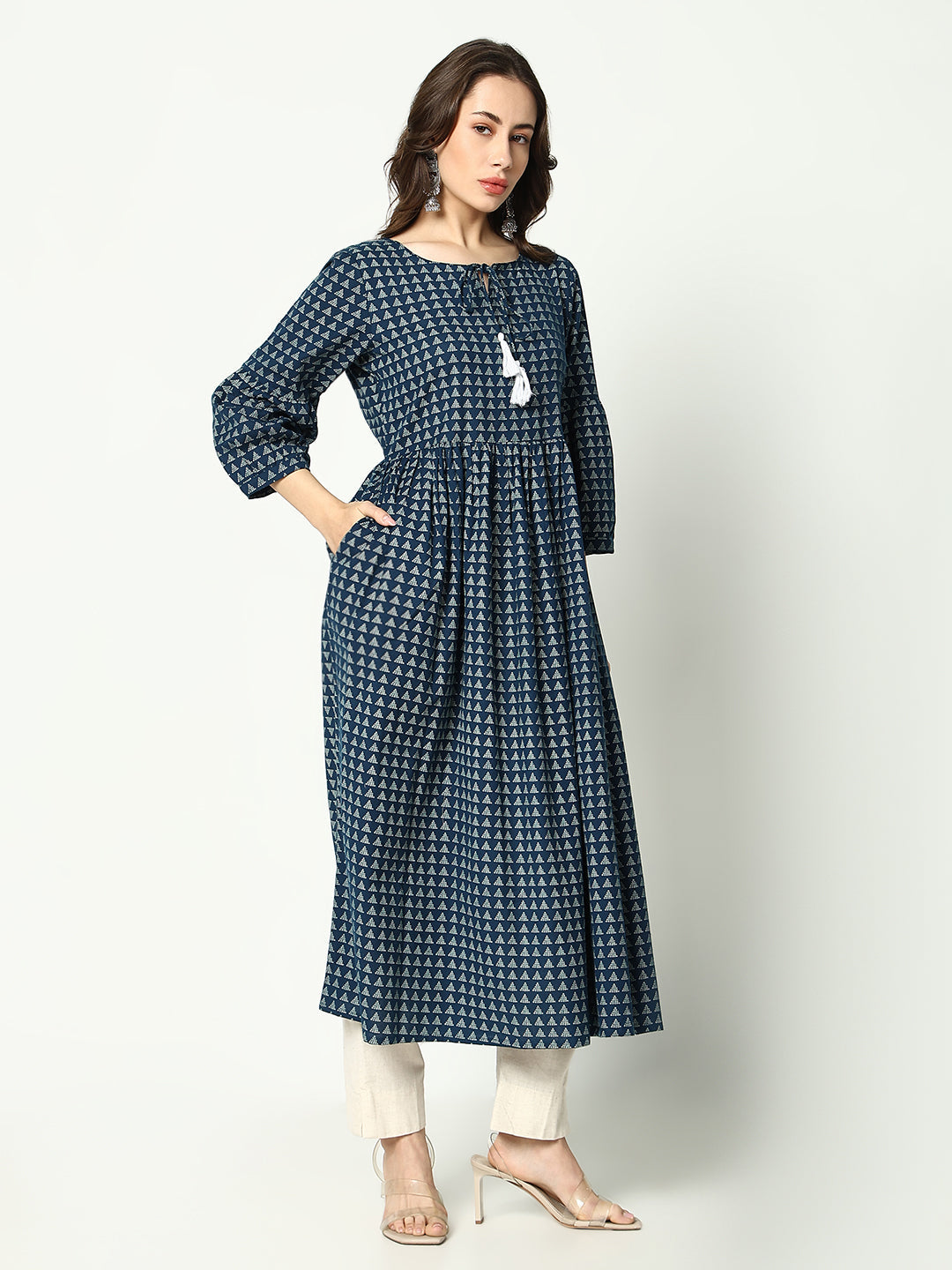 Women's Teal Geometrical Fit and Flare Kurta