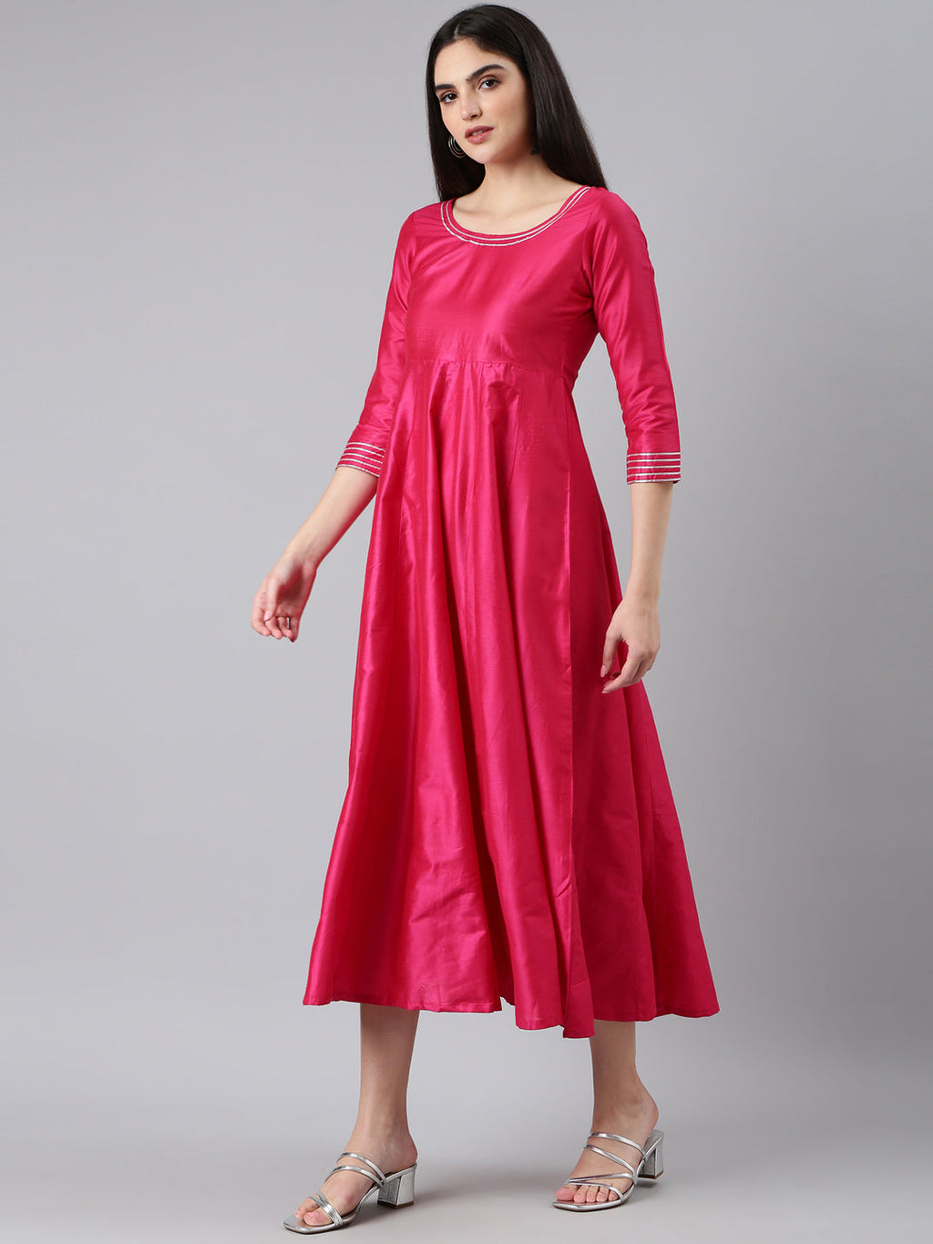 Women's Pink Round Neck Empire Kurta