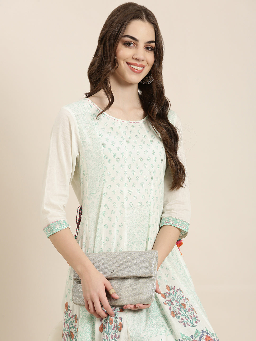 Women's Cream Ethnic Motif Printed Thread Work Anarkali Kurta