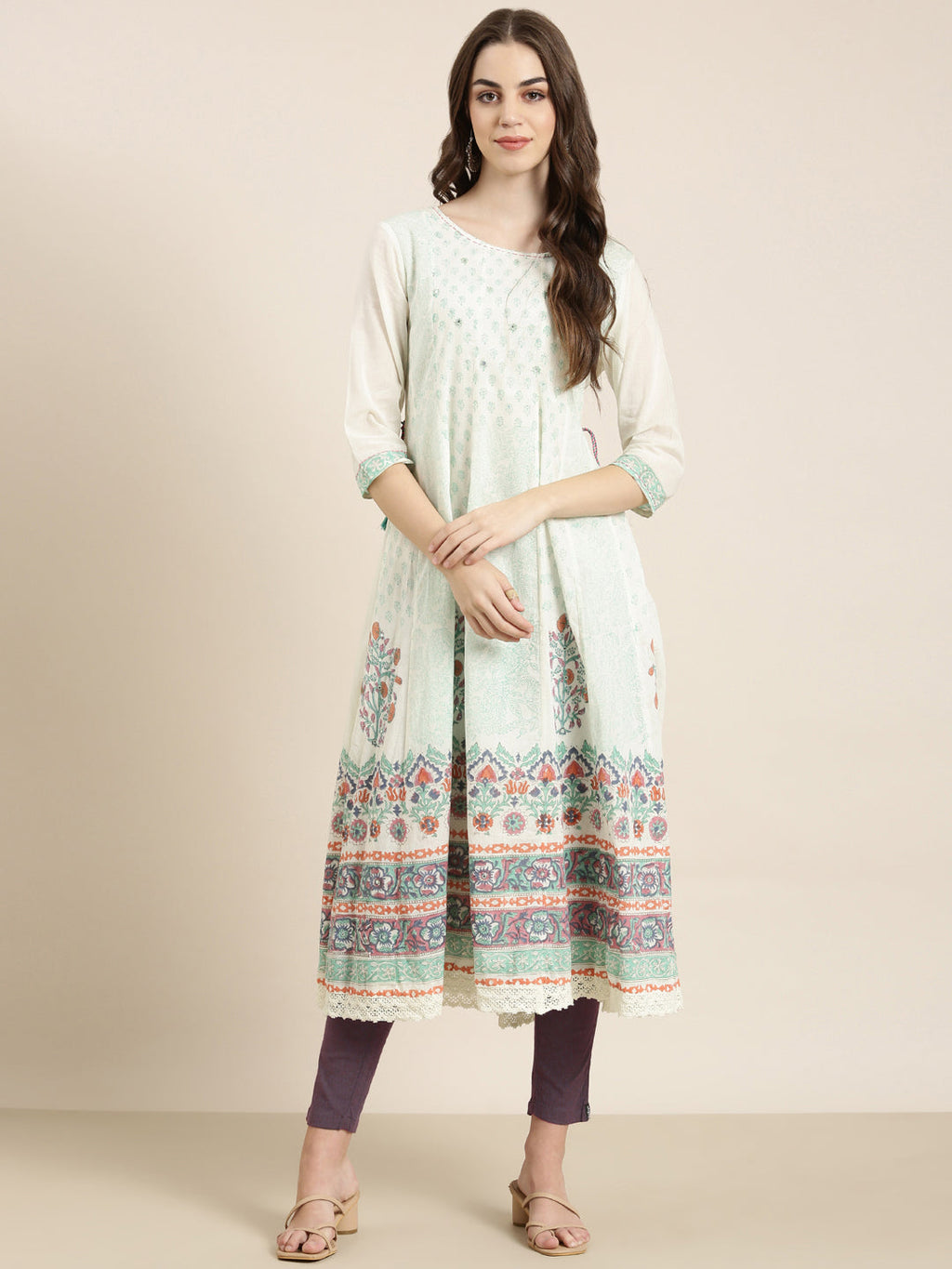 Women's Cream Ethnic Motif Printed Thread Work Anarkali Kurta