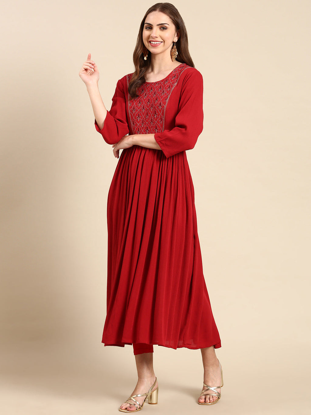 Women's Maroon Floral Thread Work Anarkali Kurta