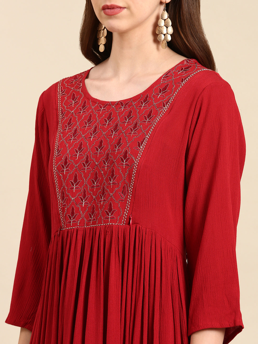 Women's Maroon Floral Thread Work Anarkali Kurta