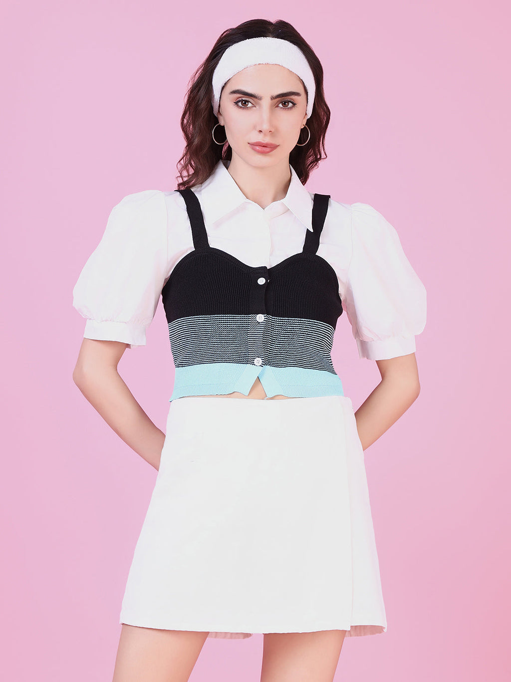 Women's Blue Puff Sleeve Shirt Style Top