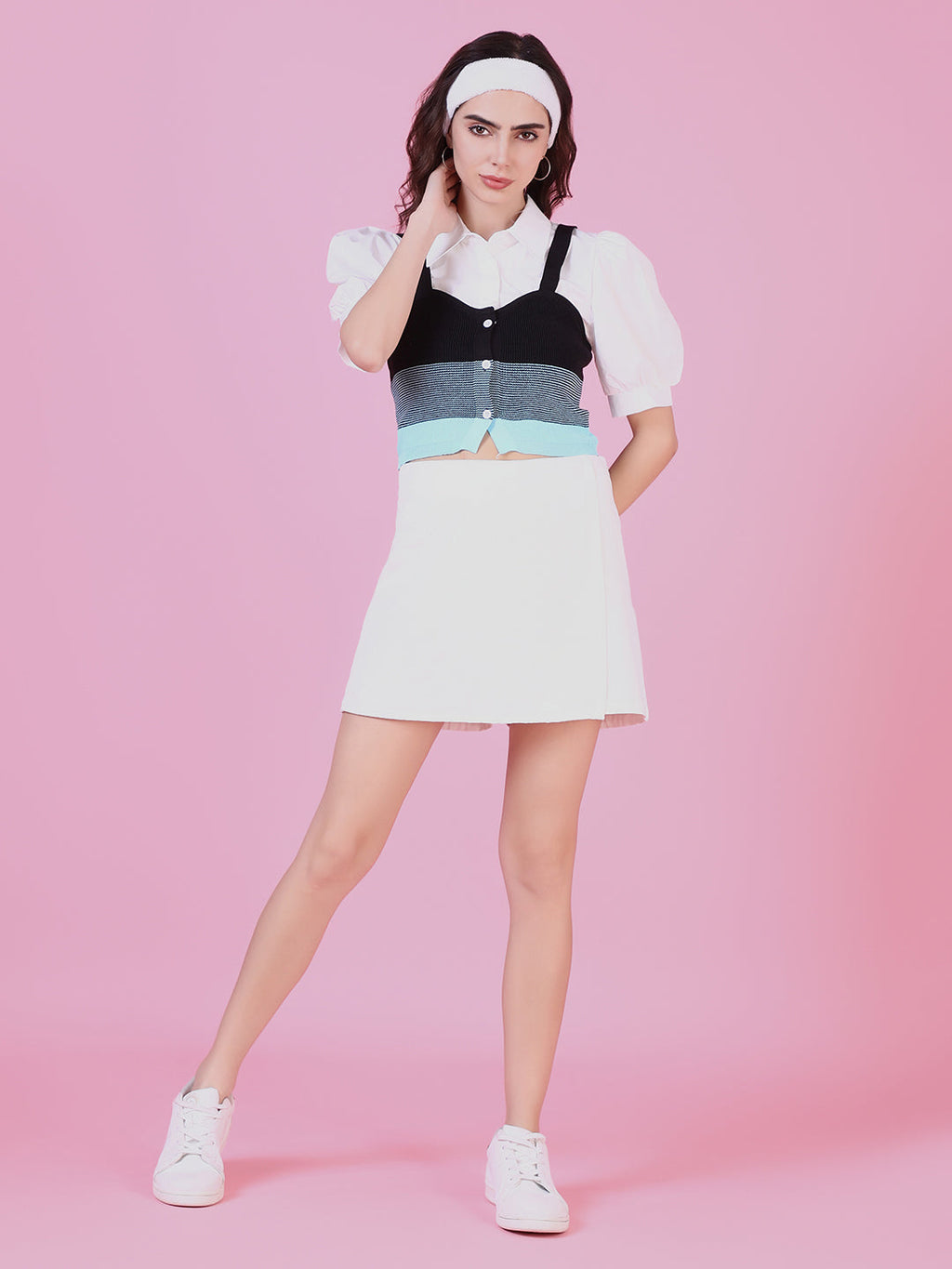 Women's Blue Puff Sleeve Shirt Style Top