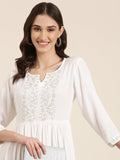 Women's White Floral Embroidered Cotton Fit & Flare Kurta