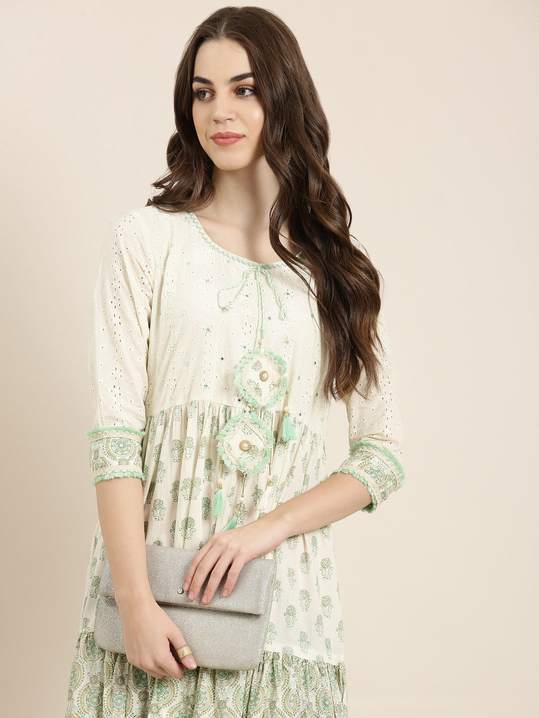 Women's Cream Ethnic Motifs Printed Mirror Work Pure Cotton Anarkali Kurta