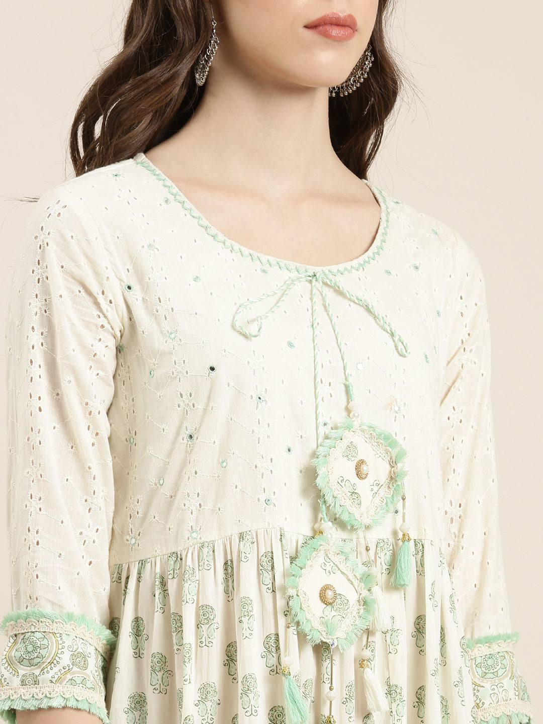 Women's Cream Ethnic Motifs Printed Mirror Work Pure Cotton Anarkali Kurta