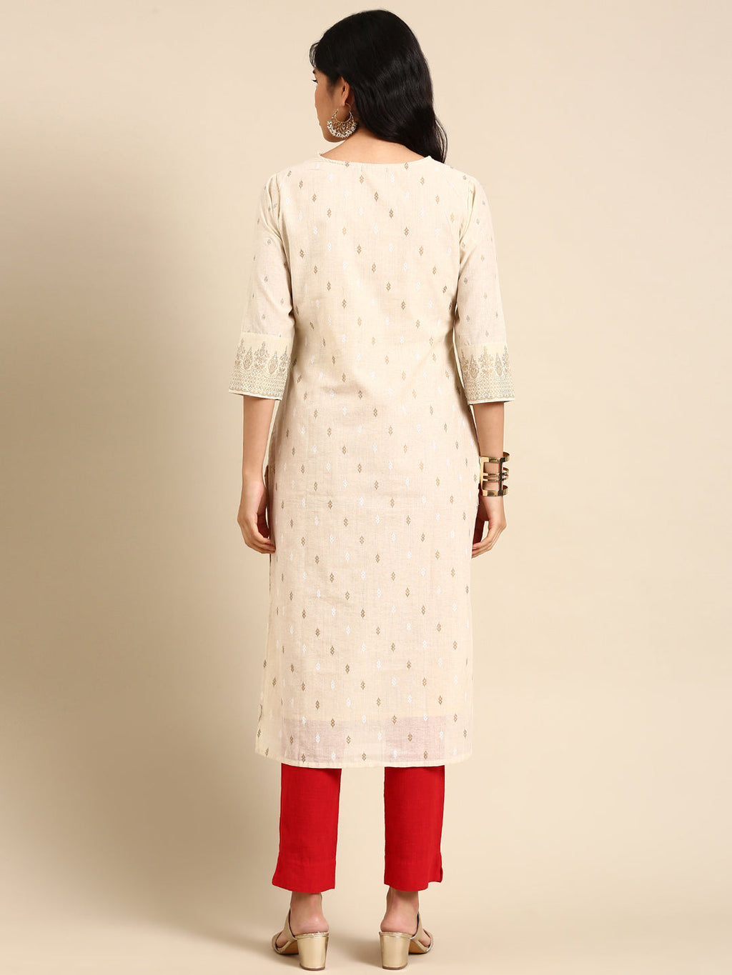 Women's Beige Floral Embroidered Straight Kurta