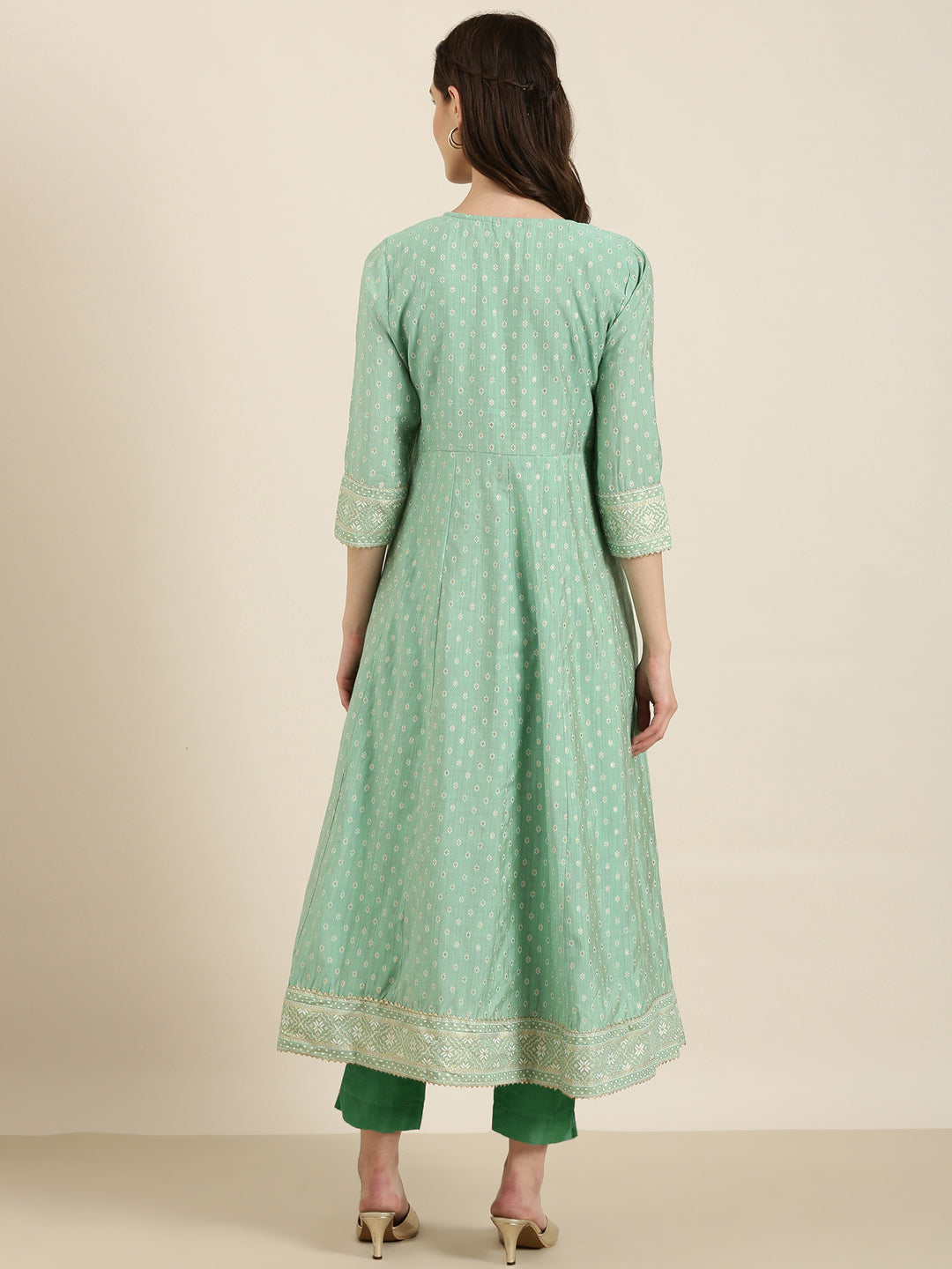 Women's Green Ethnic Motif Printed Thread Work Cotton Silk Anarkali Kurta