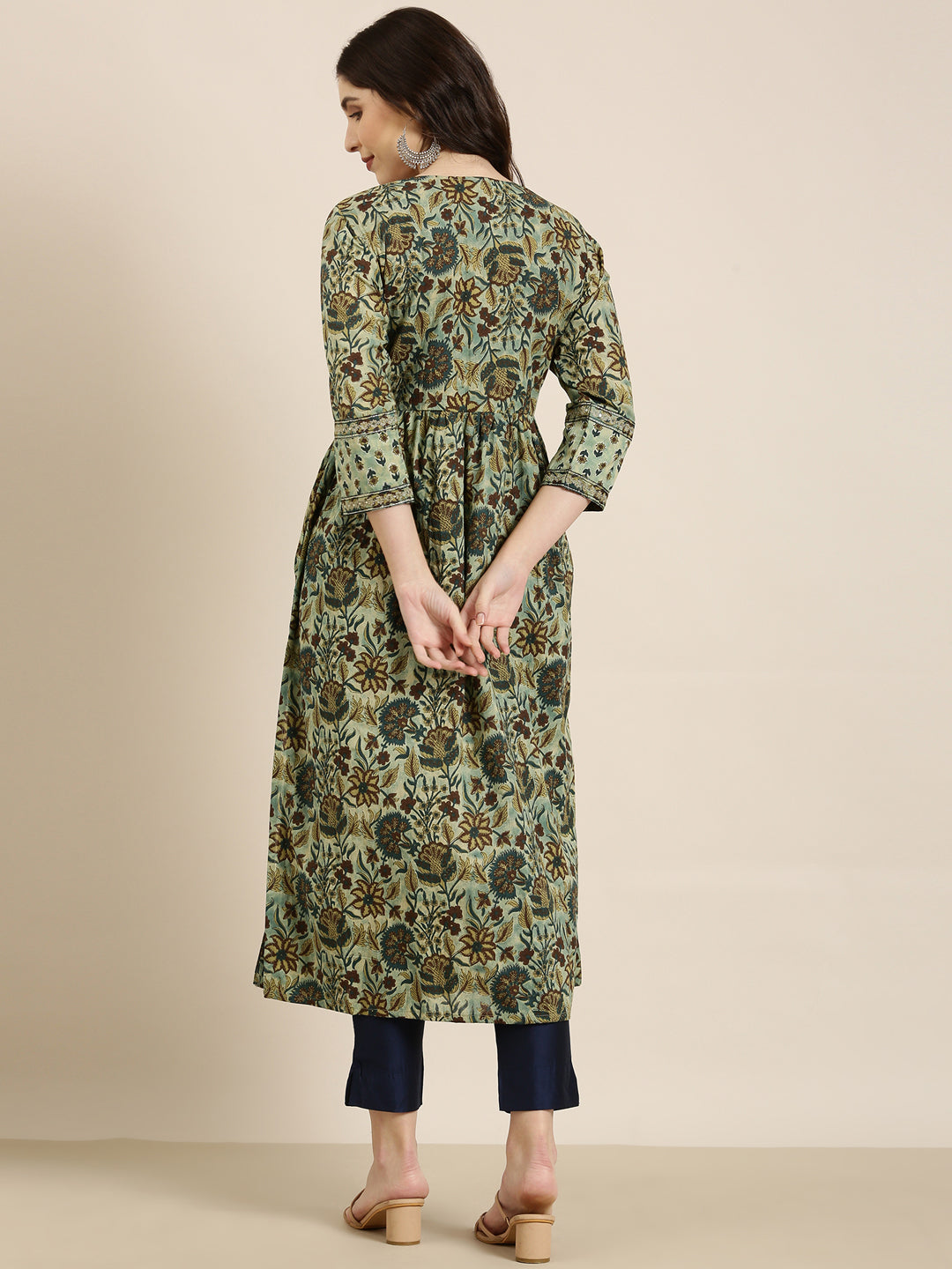 Women's Teal Floral Printed Thread Work A-Line Kurta