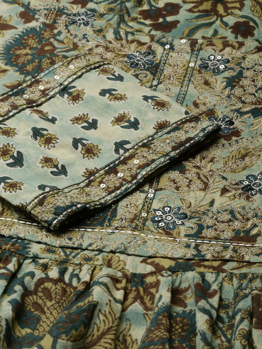 Women's Teal Floral Printed Thread Work A-Line Kurta