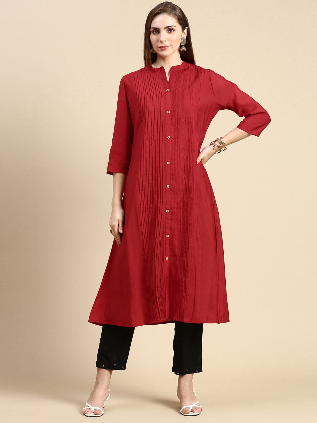 Women's Solid Red A-Line Kurta