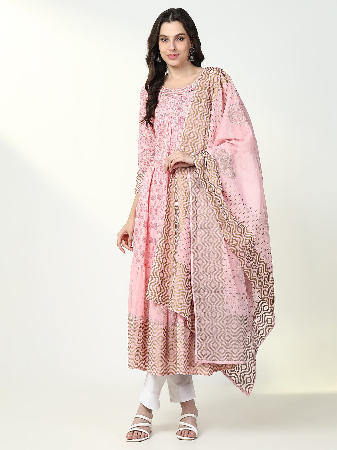 Women's Ethnic Pink Floral Anarkali Kurta with Dupatta