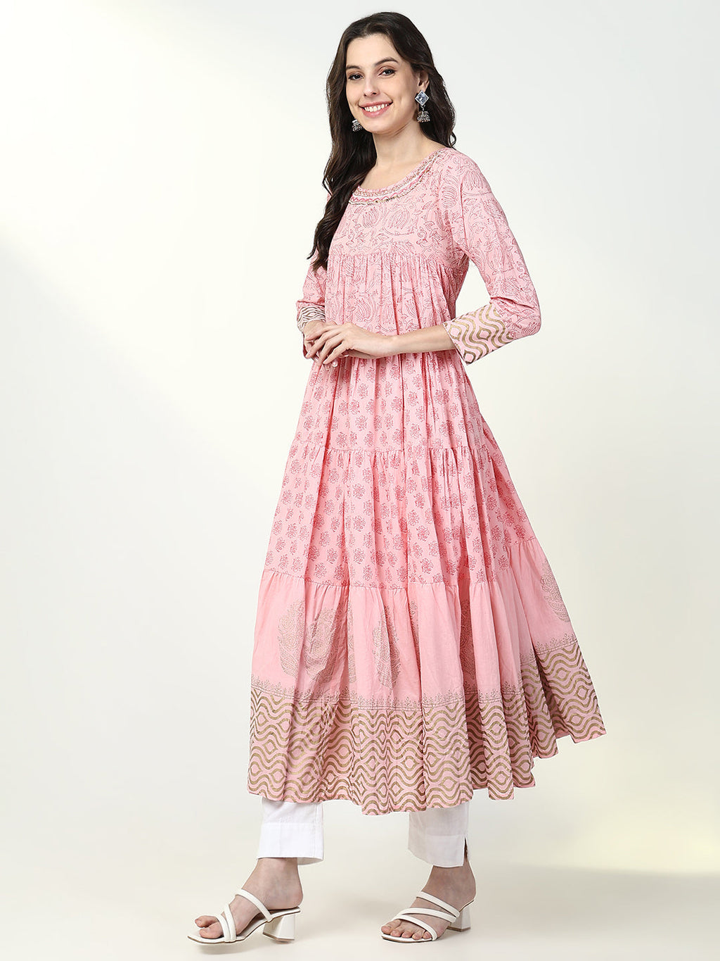 Women's Ethnic Pink Floral Anarkali Kurta with Dupatta