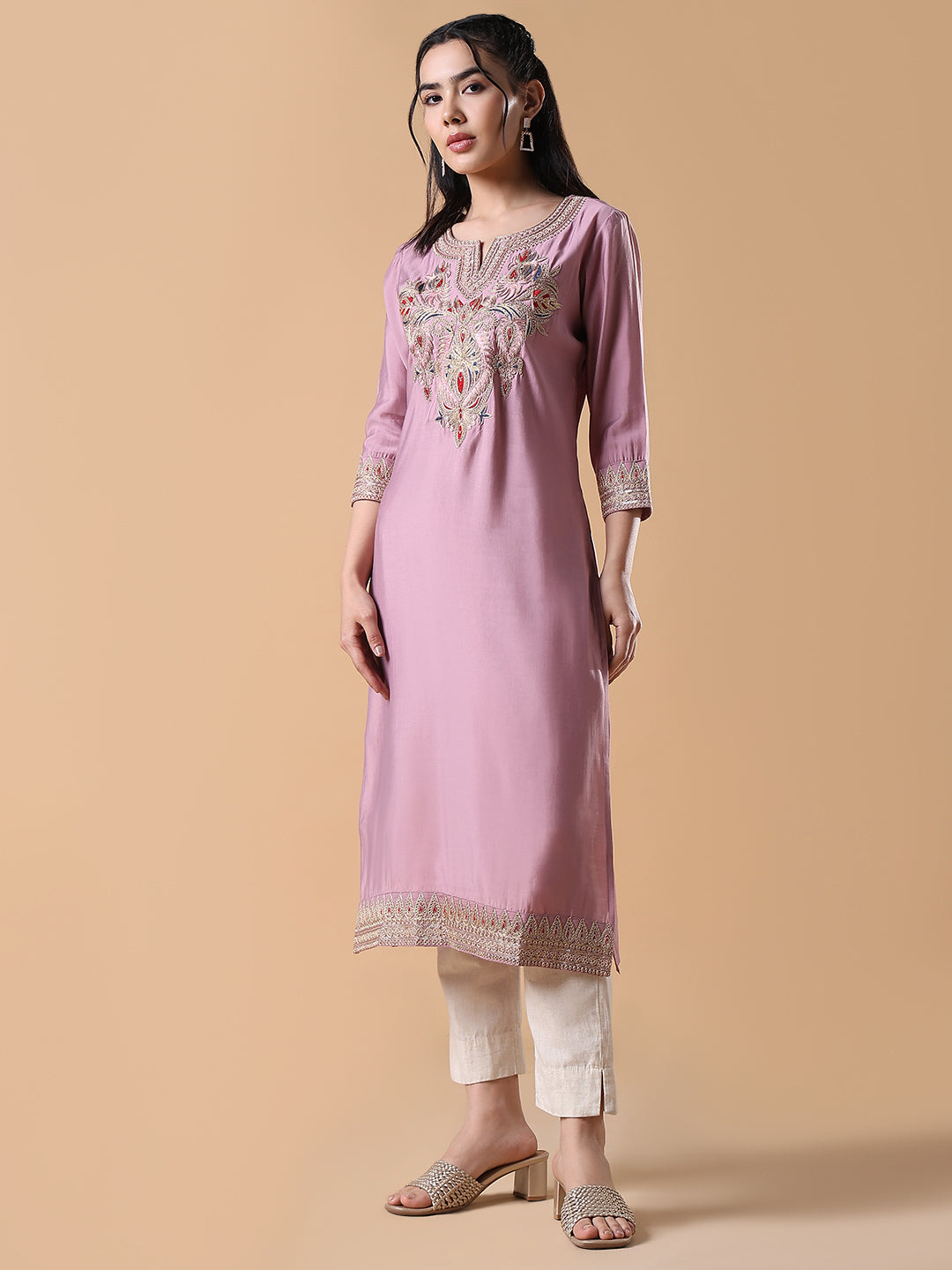 Women's Pink Embroidered Straight Kurta