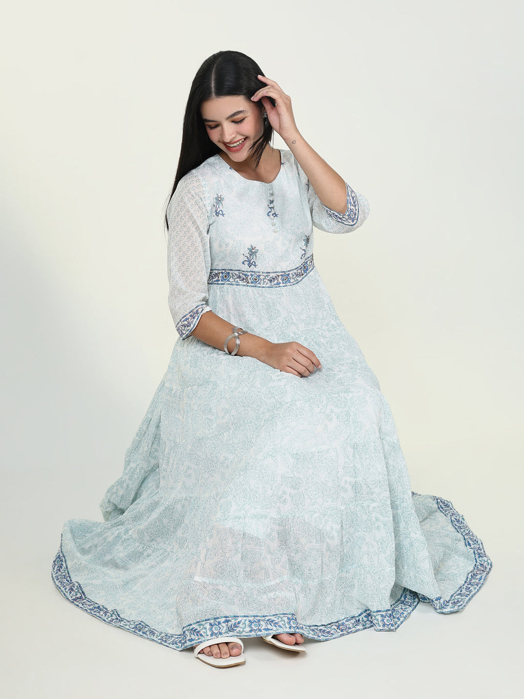 Women's Floral Blue Anarkali Kurta