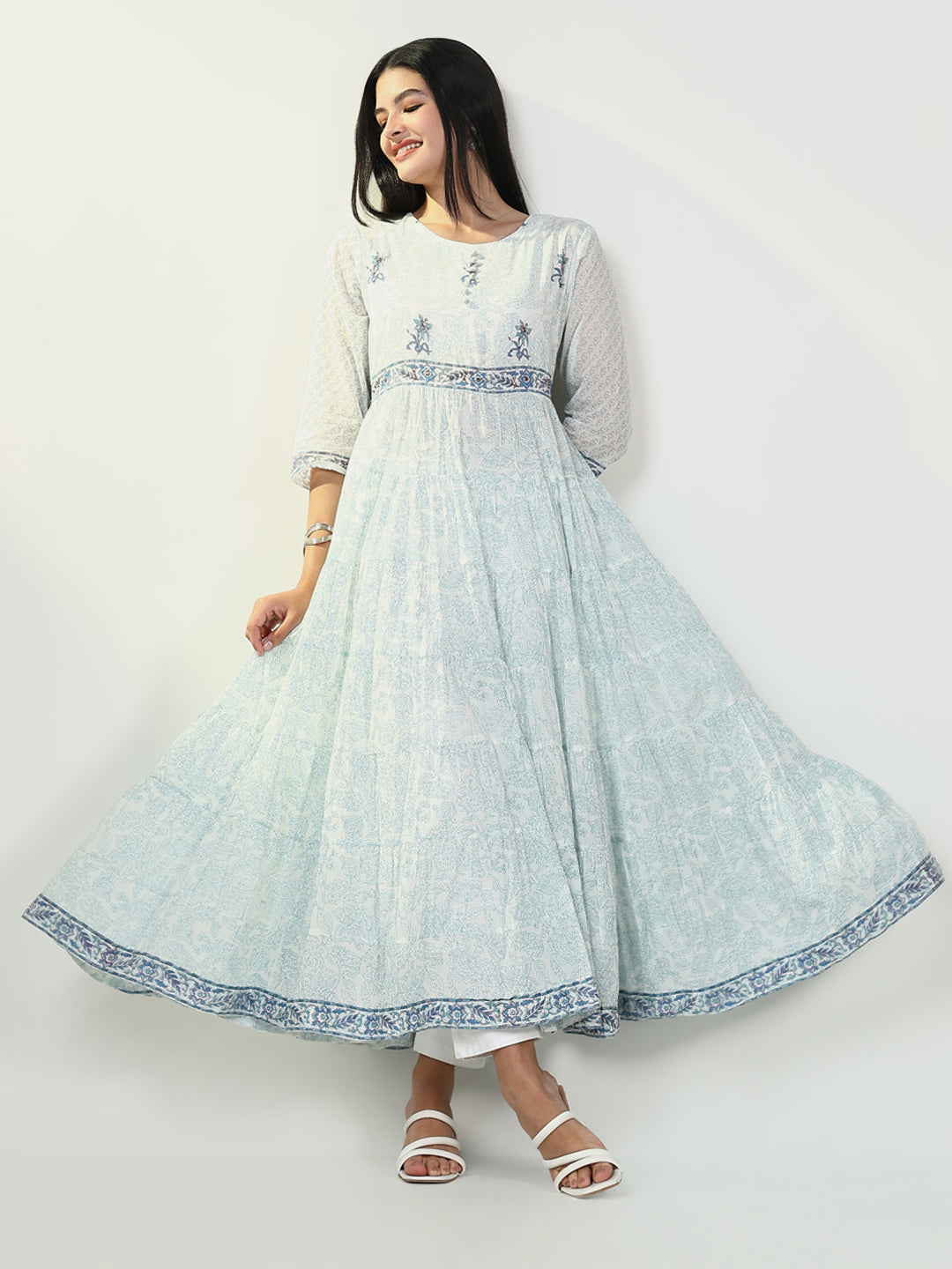 Women's Floral Blue Anarkali Kurta