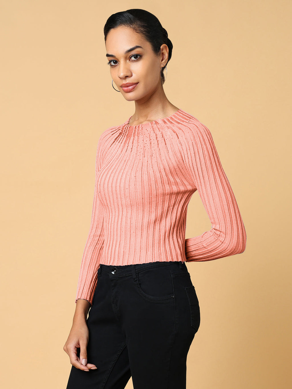 Women's Self Design Peach Round Neck Crochet Top