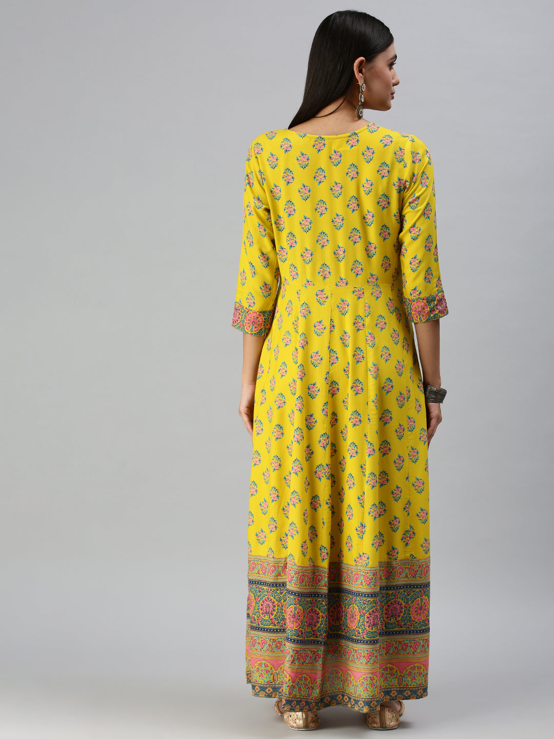 Women's Yellow Ethnic Motifs Printed Thread Work Anarkali Kurta