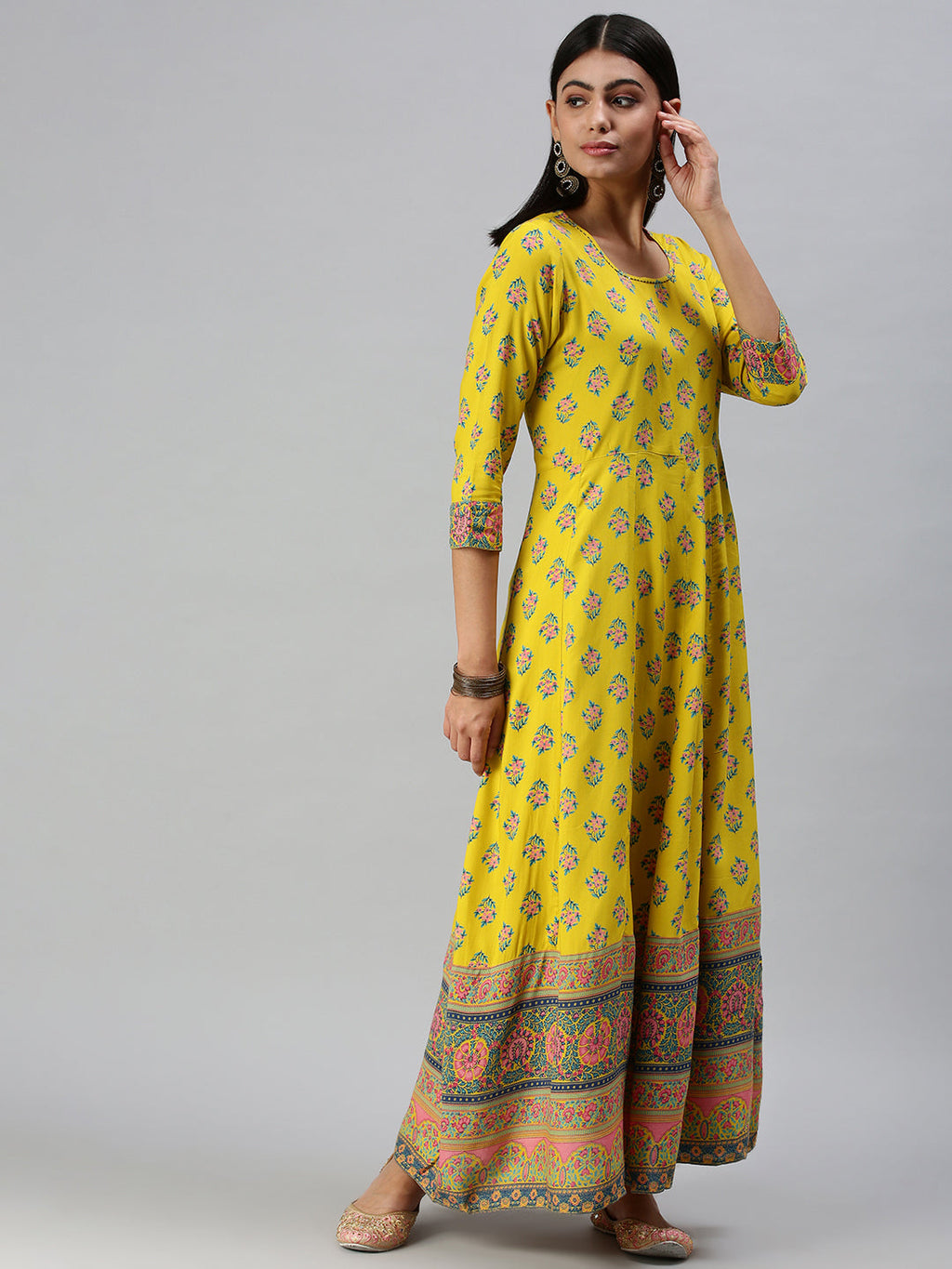 Women's Yellow Ethnic Motifs Printed Thread Work Anarkali Kurta
