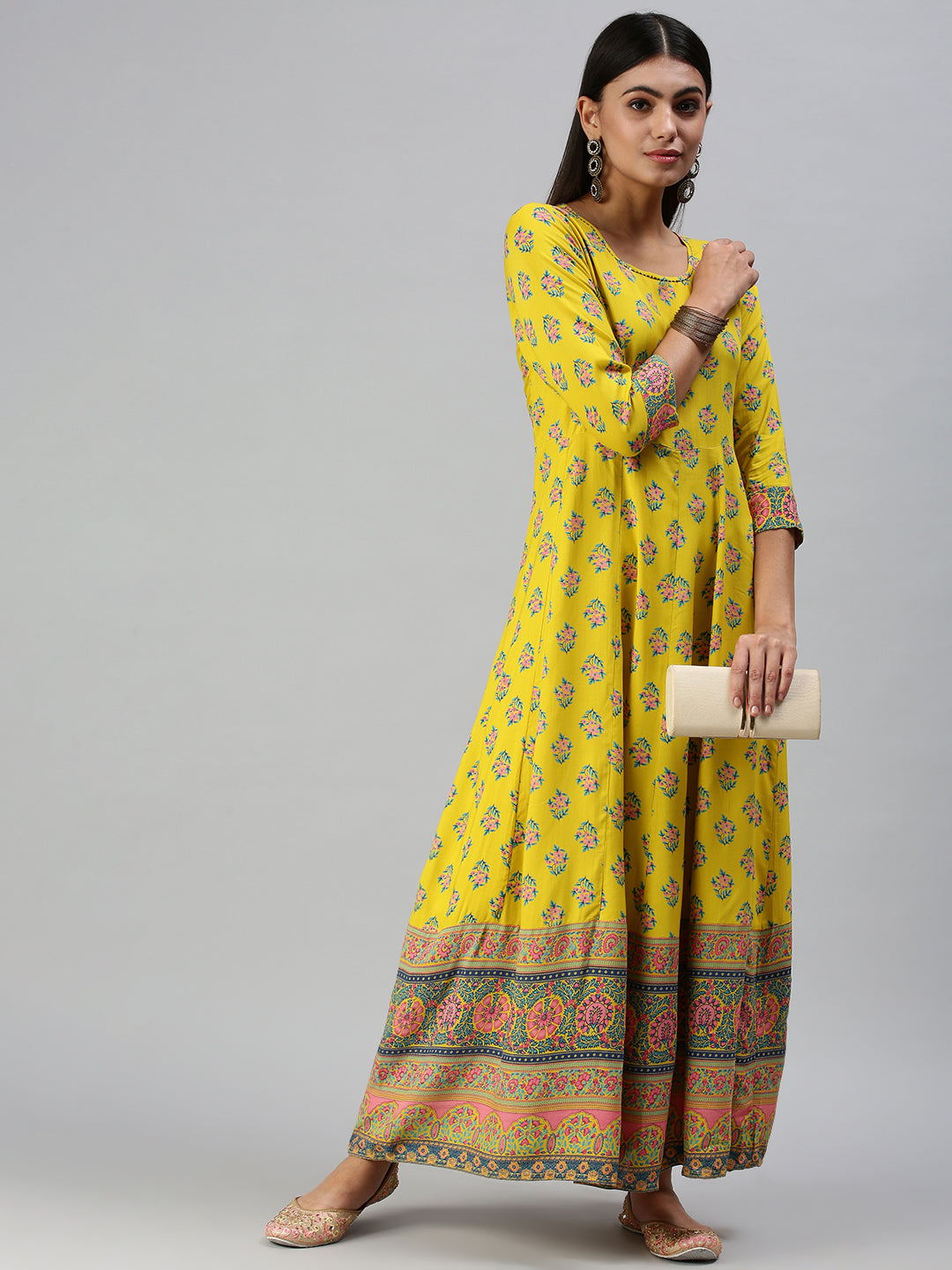 Women's Yellow Ethnic Motifs Printed Thread Work Anarkali Kurta