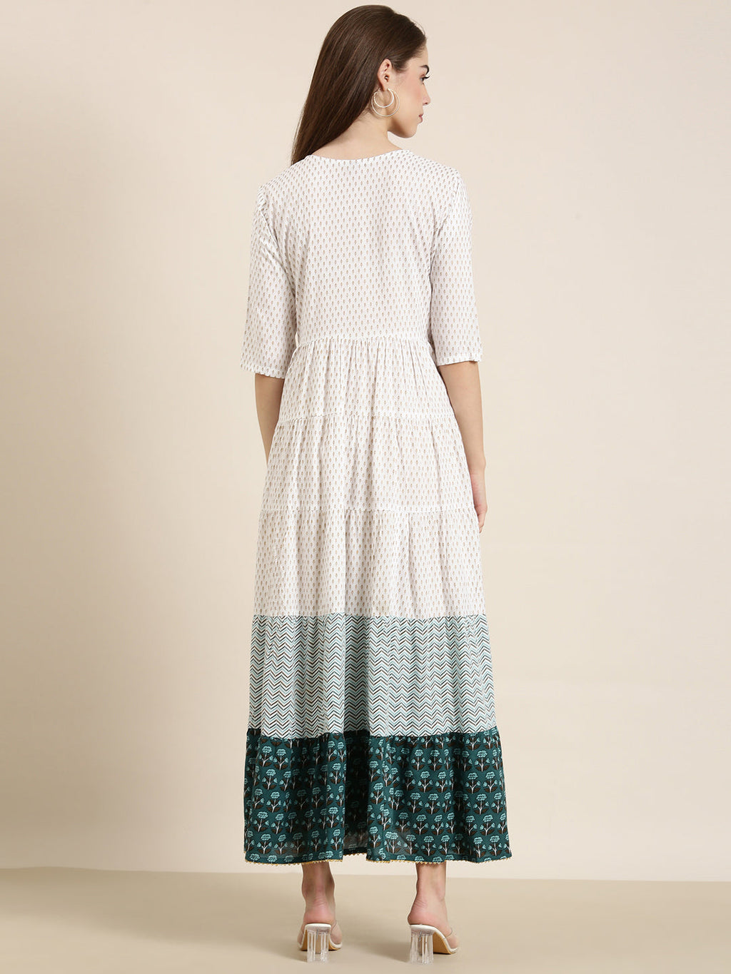 Women's Off White Floral Printed Mirror Work Cotton Anarkali Kurta