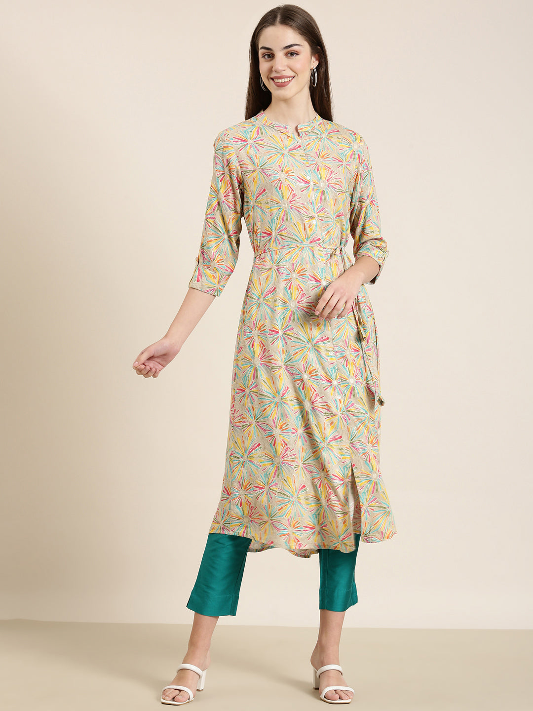 Women's Beige Abstract Printed Belted Detail A-Line Kurta