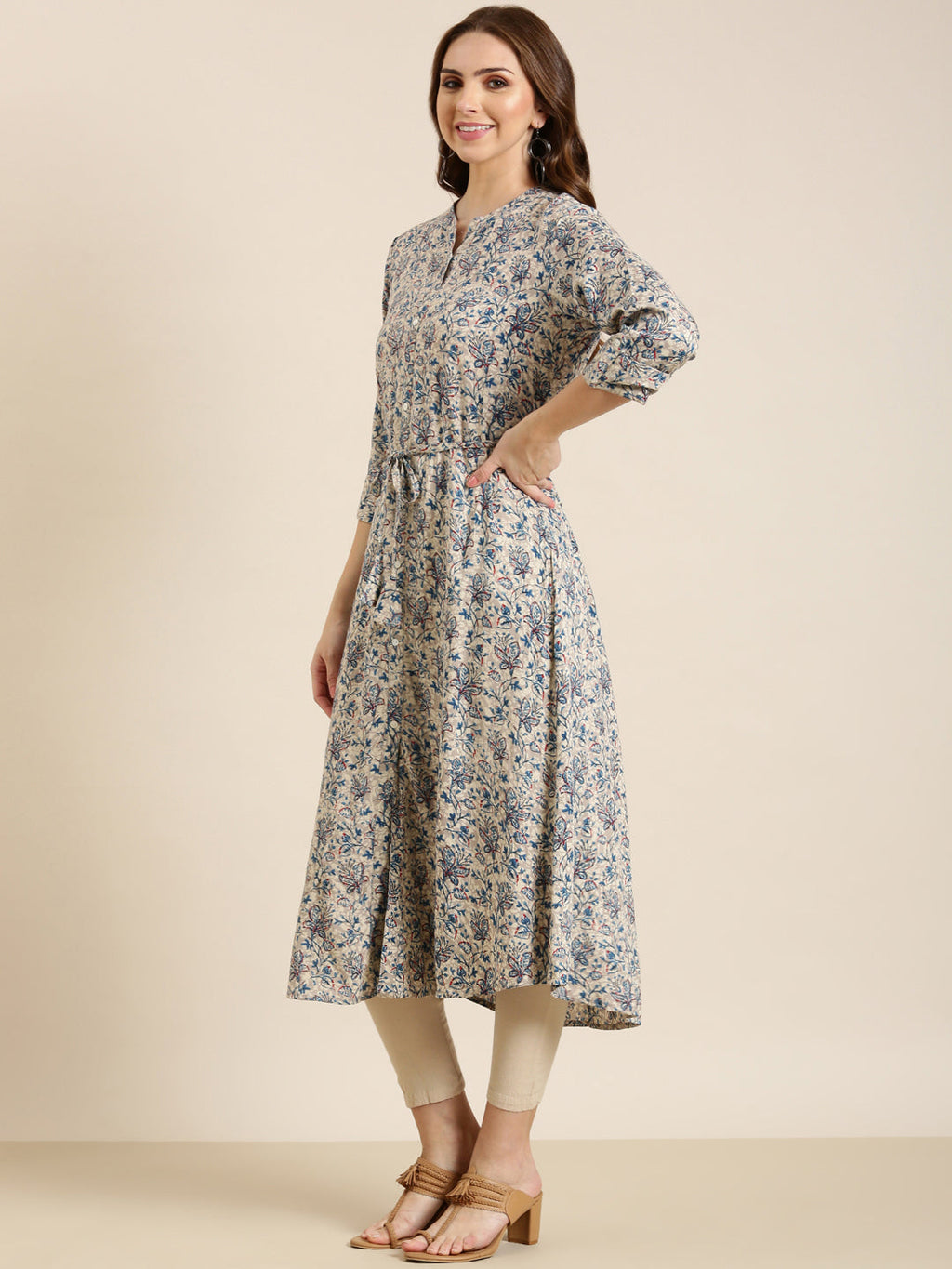 Women's Grey Floral Printed Cotton A-Line Kurta
