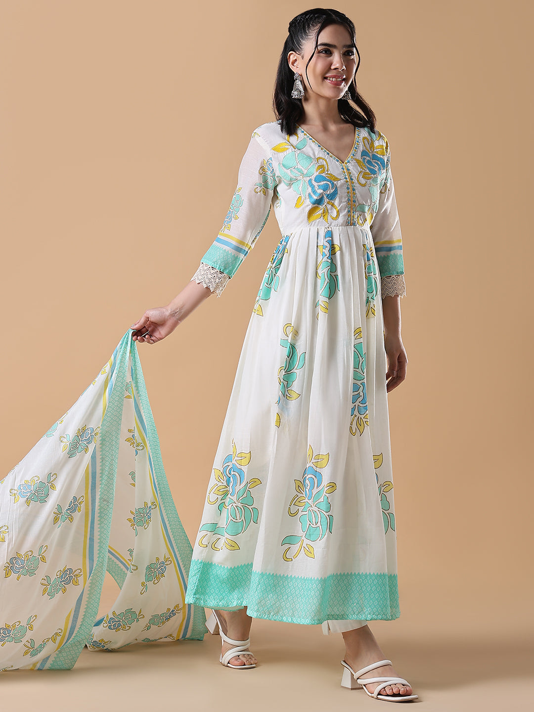 Women's White Floral Cotton Anarkali Kurta with Dupatta