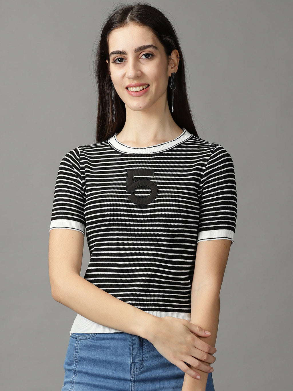 Women's Black Fitted Striped Top