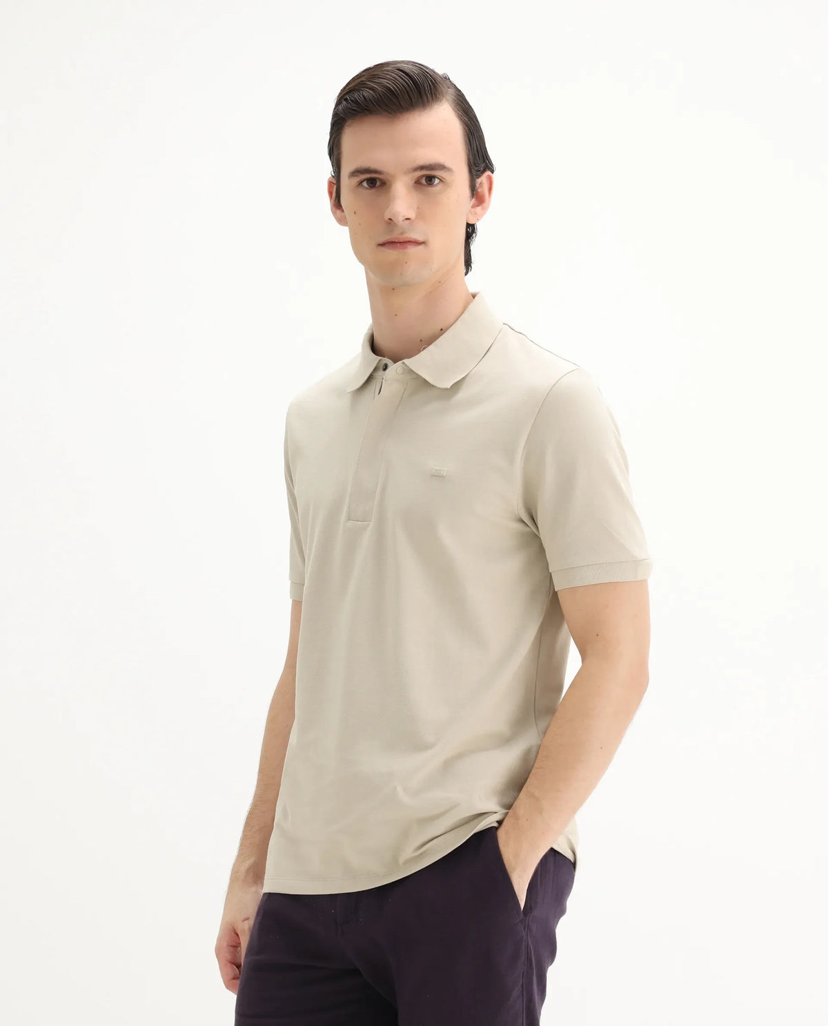 Rare Rabbit Men's Salis-25 Beige Cotton Plain Regular Fit Half Sleeve Polo