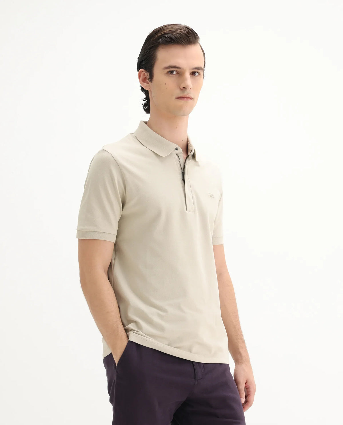 Rare Rabbit Men's Salis-25 Beige Cotton Plain Regular Fit Half Sleeve Polo